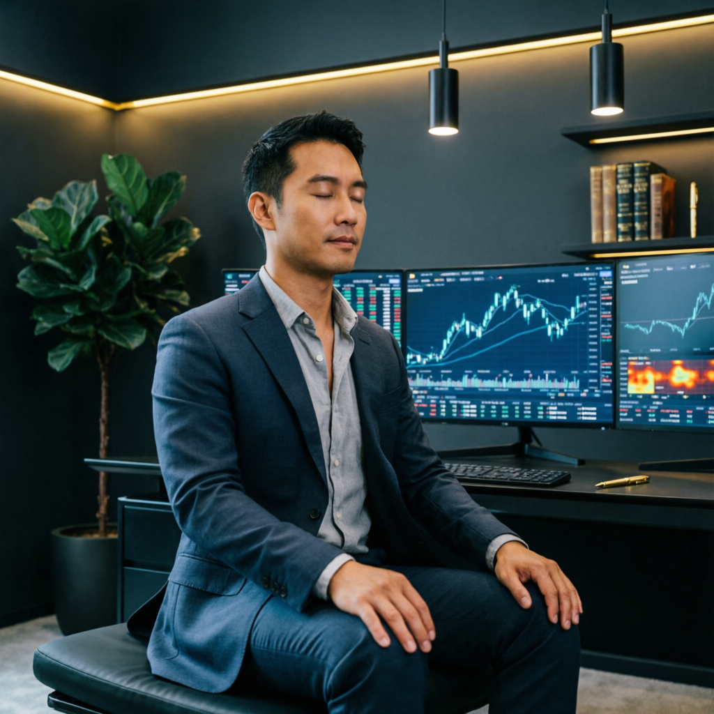 Trader practicing mindfulness and trading psychology in front of multiple screens