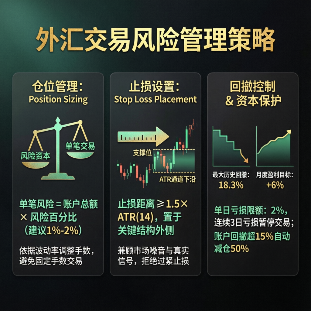 Forex trading risk management infographic showing position sizing and drawdown control