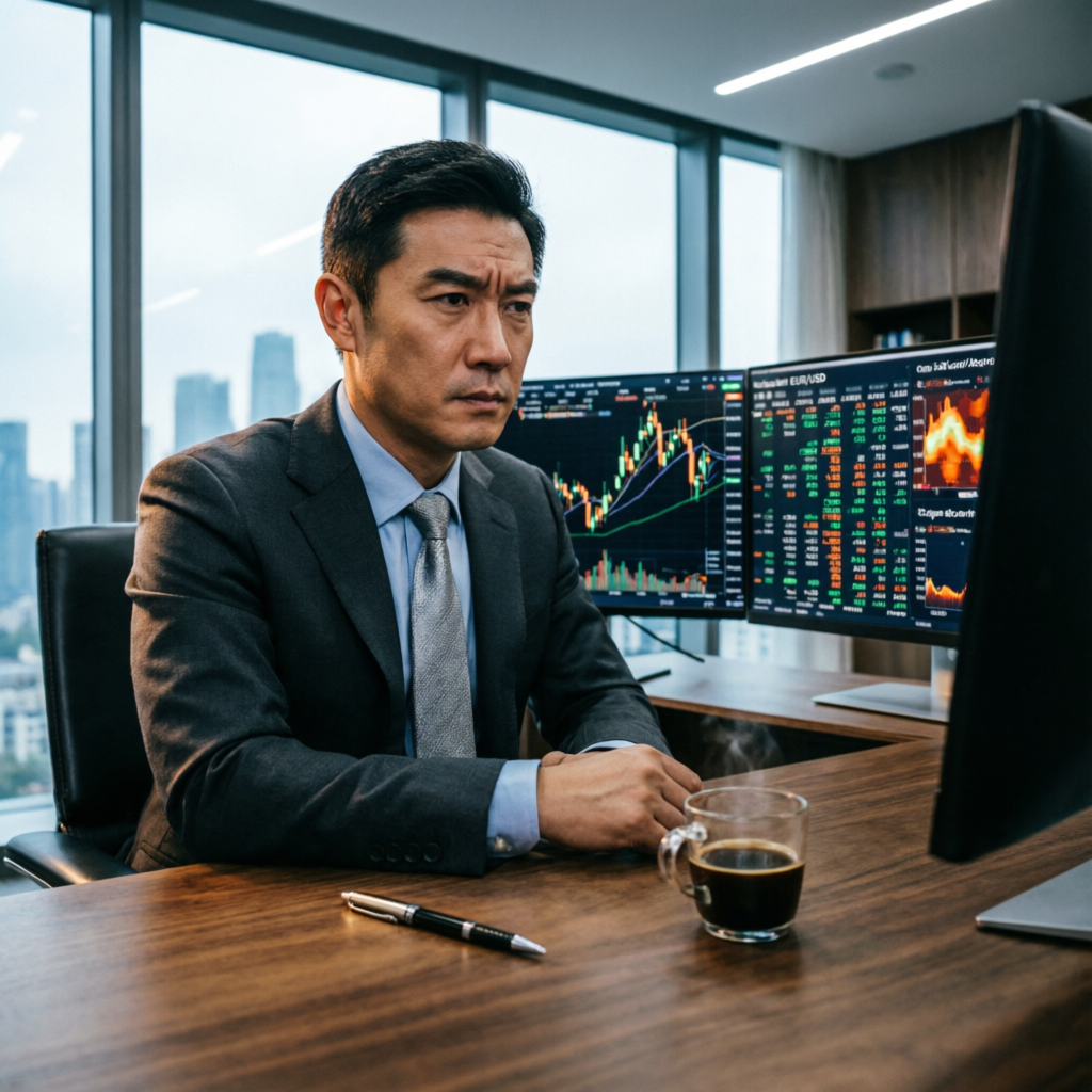 Professional forex trader analyzing markets in a modern office with multiple chart screens