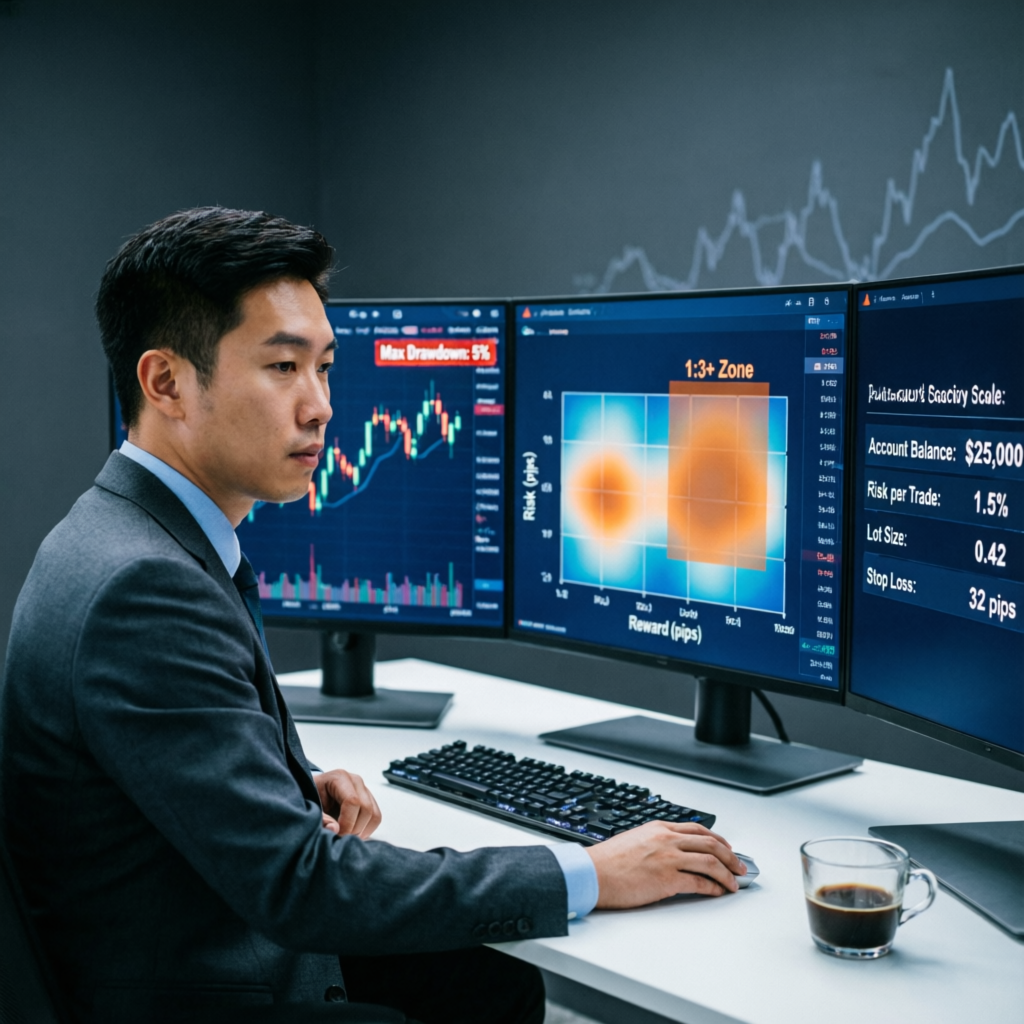 Professional trader analyzing risk management metrics on multiple screens