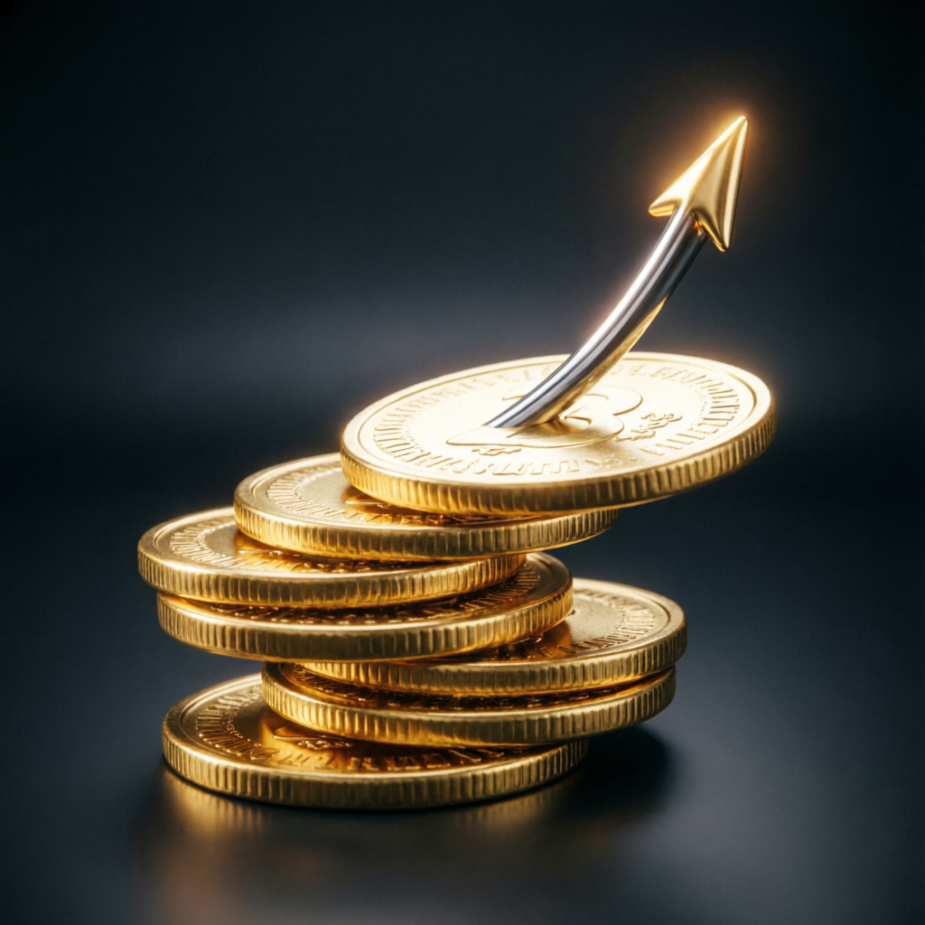 Financial growth concept with golden coins and upward trending arrow