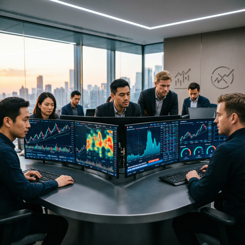 Team of professional forex traders collaborating in a modern trading room