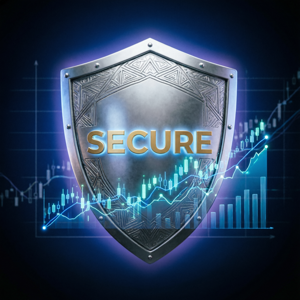 Security shield protecting trading capital with financial charts in background representing risk management