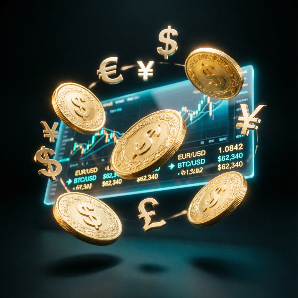 Premium gold coins and currency symbols with forex trading interface showing profit potential
