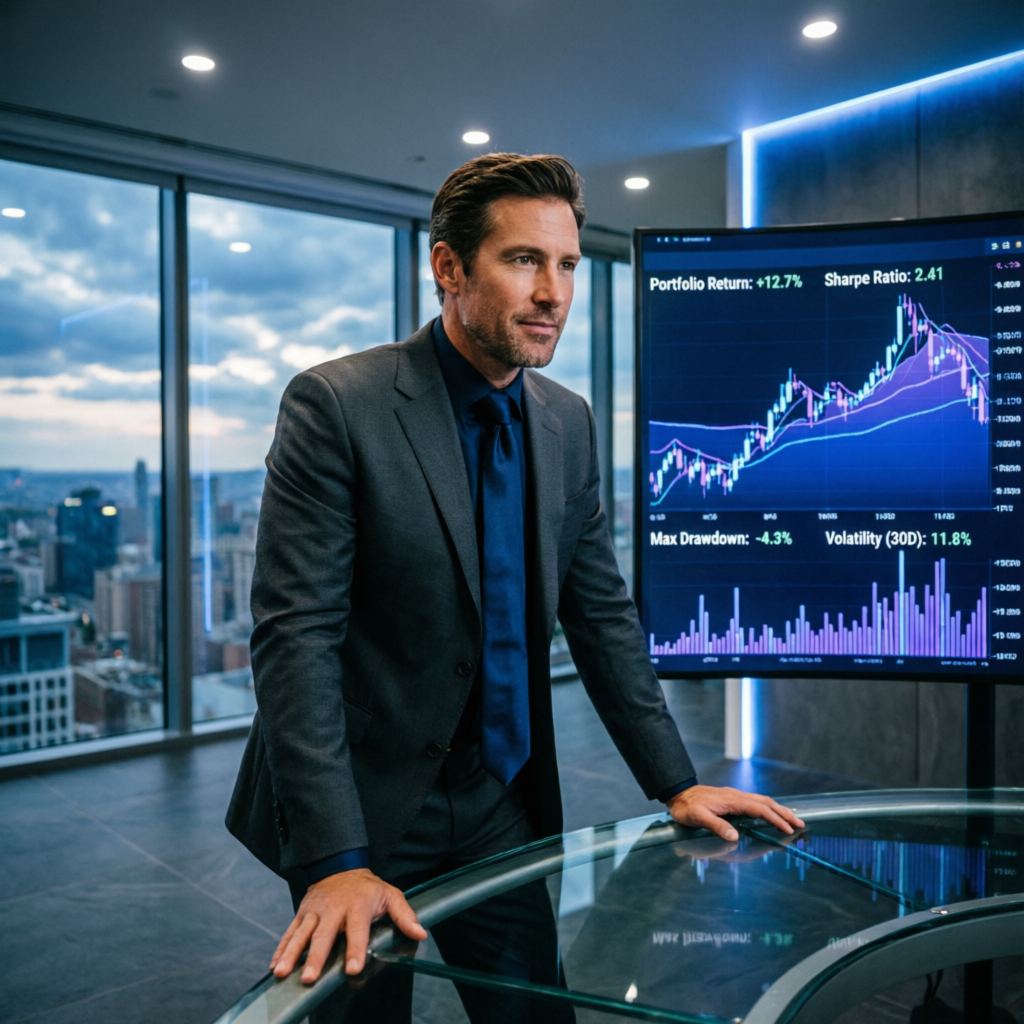 Professional portfolio manager reviewing performance metrics and trading analytics on large screen