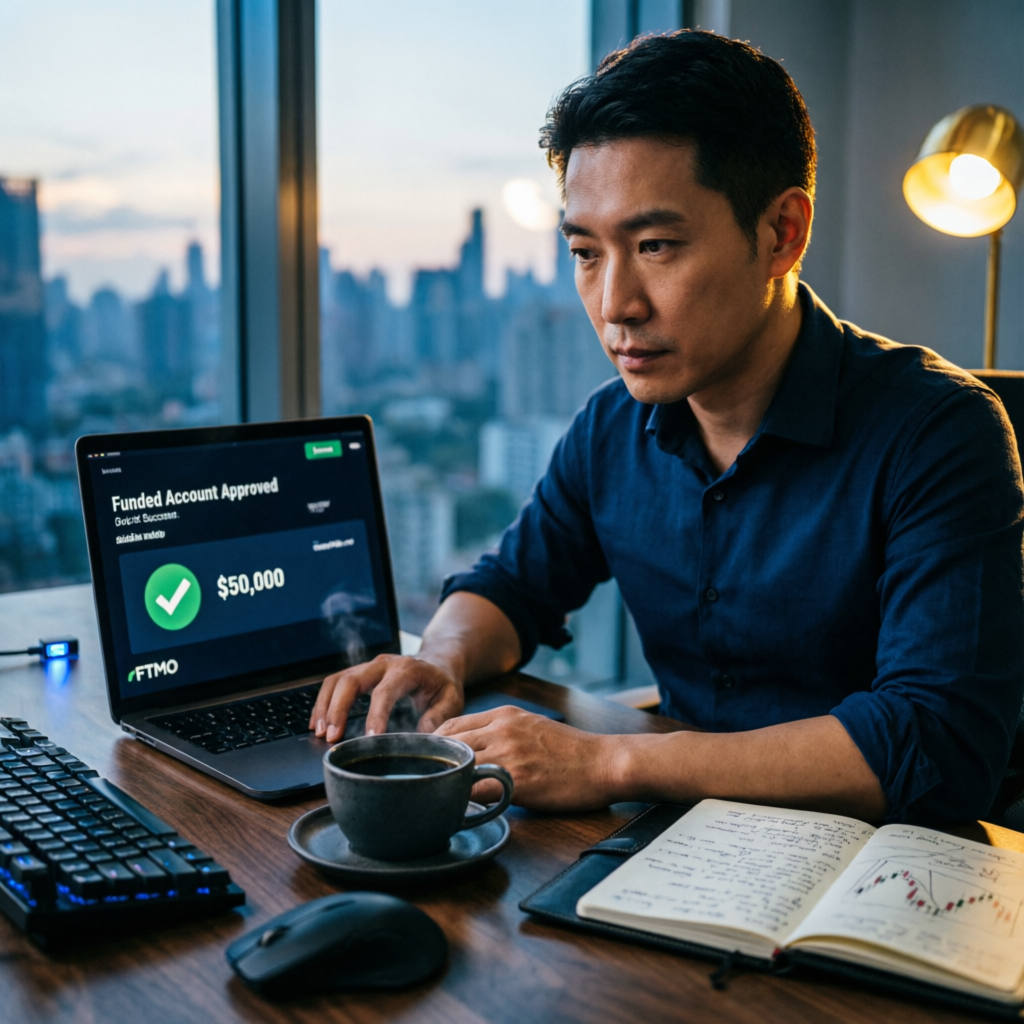 Professional trader reviewing funded account approval on laptop with city skyline background