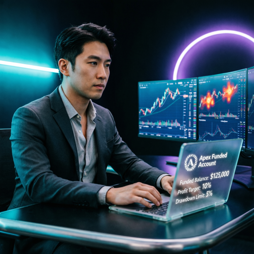 Professional forex trader managing Apex funded account on multi-monitor setup with trading analytics dashboard