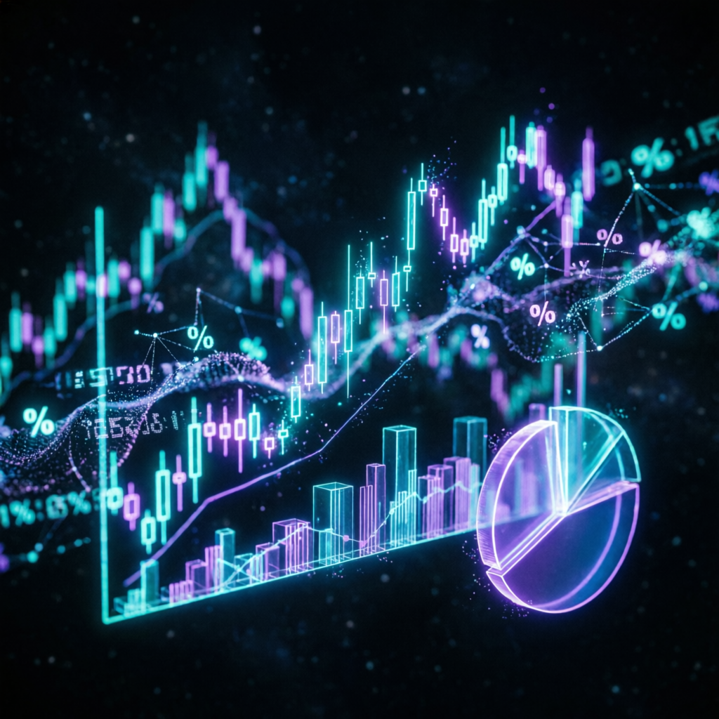 Futuristic financial data visualization with holographic trading charts and market analytics