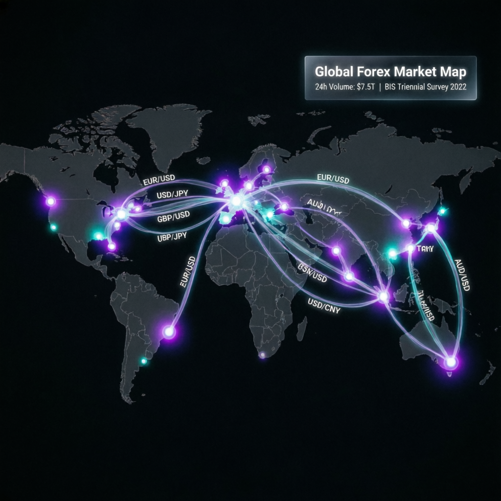 Global forex market map showing currency pairs and trading connections worldwide