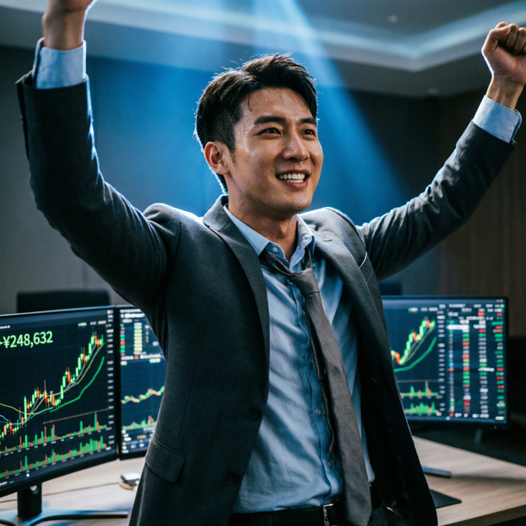 Successful trader celebrating with arms raised in front of multiple monitors showing green profit charts