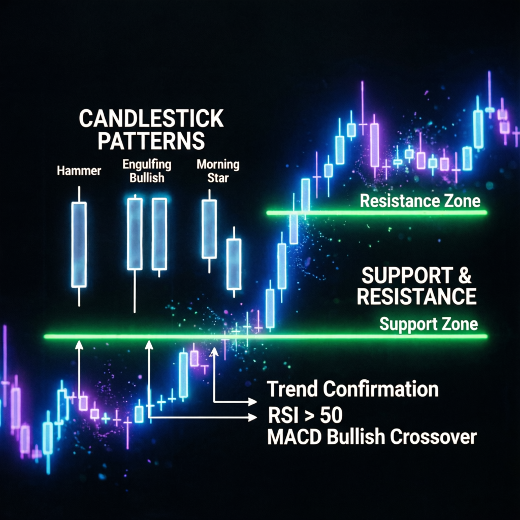 Candlestick patterns and technical analysis chart showing trading strategy for prop firm evaluation