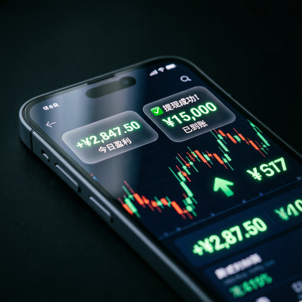 Mobile phone displaying trading app with profit notifications and successful payout confirmation
