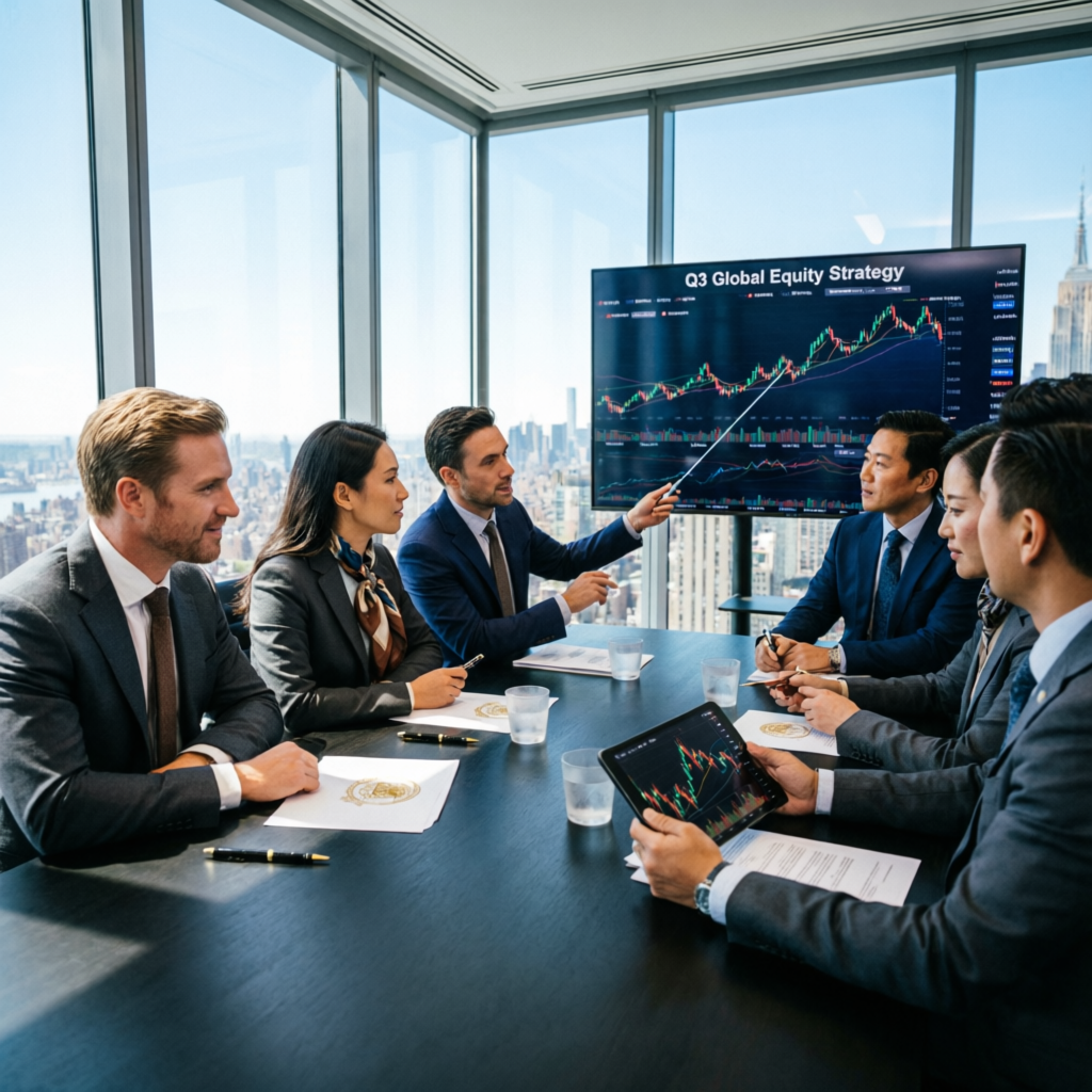 Professional financial team discussing prop firm trading strategies in modern office