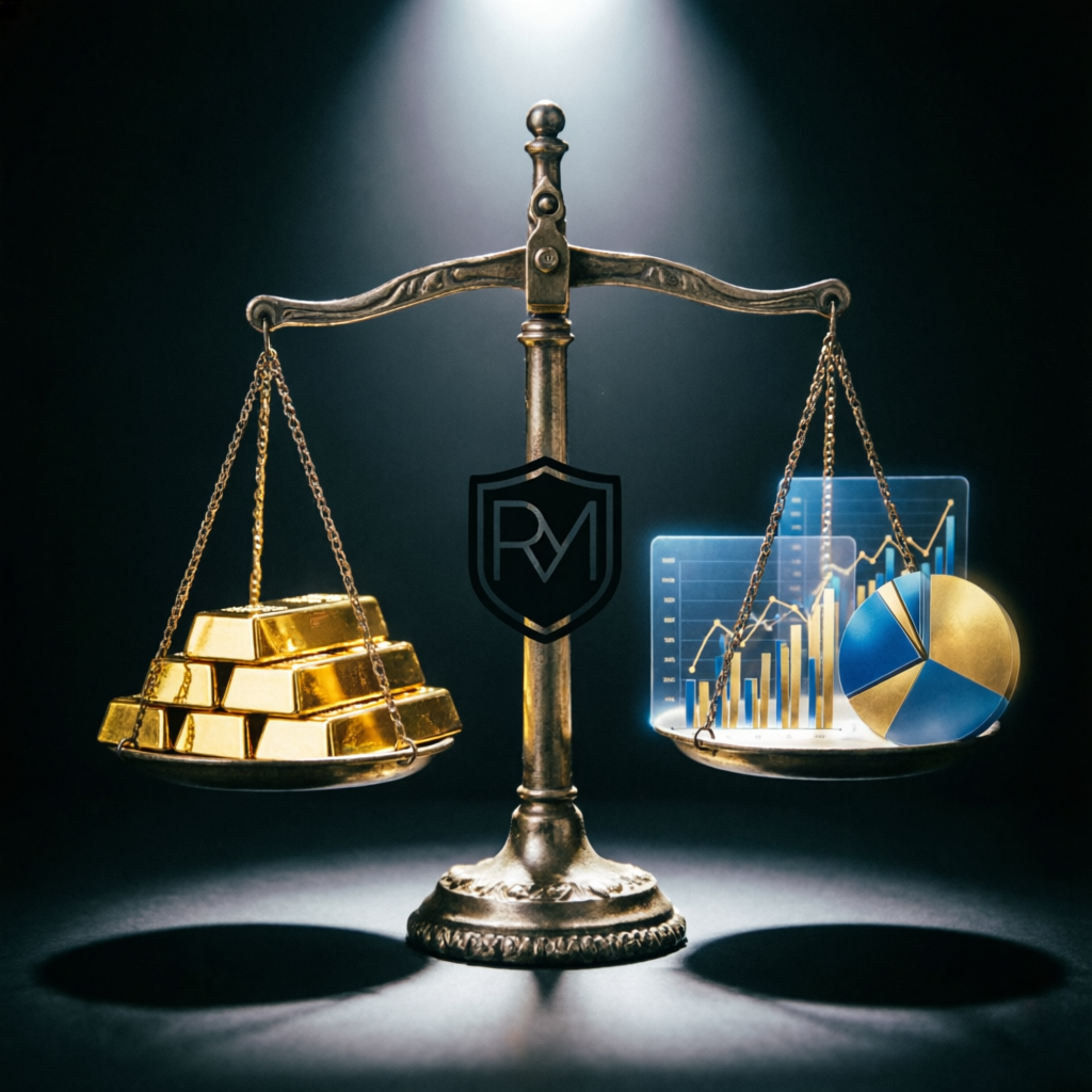 Risk management balance scale with gold bars and trading charts