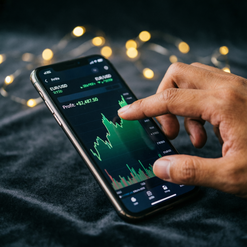 Mobile phone showing forex trading app with profit chart