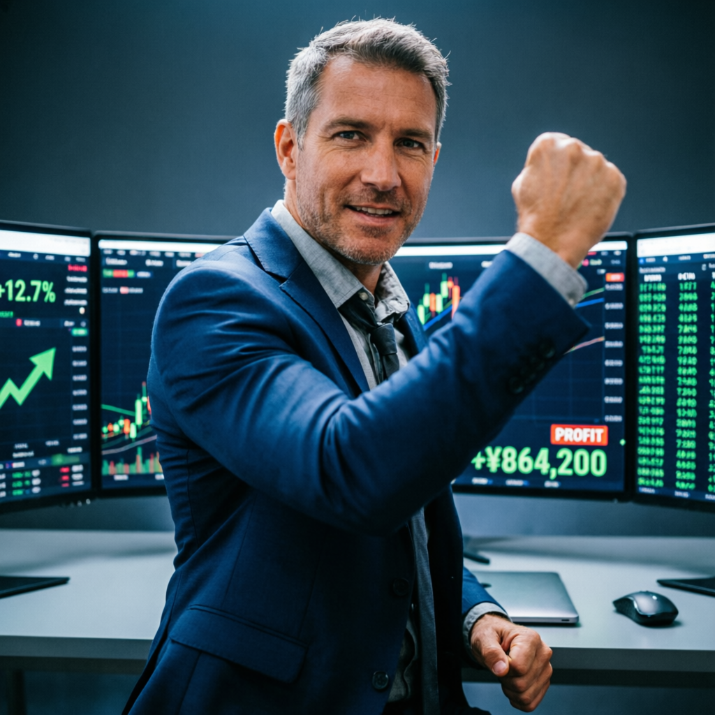 Professional trader celebrating successful trade with profit screens