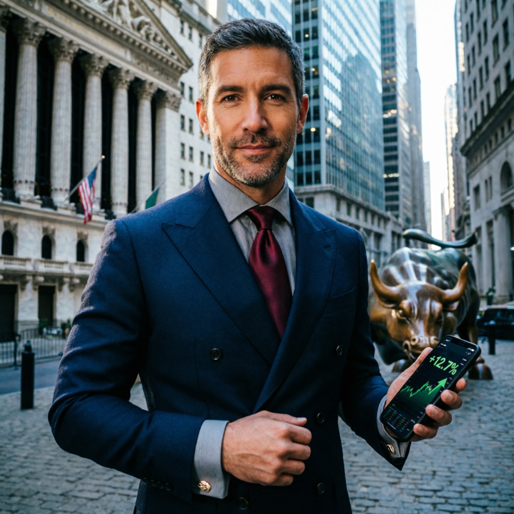 Professional trader in Wall Street holding smartphone with trading profits