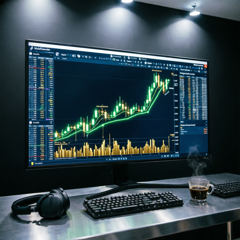 NinjaTrader futures trading platform showing profitable candlestick chart