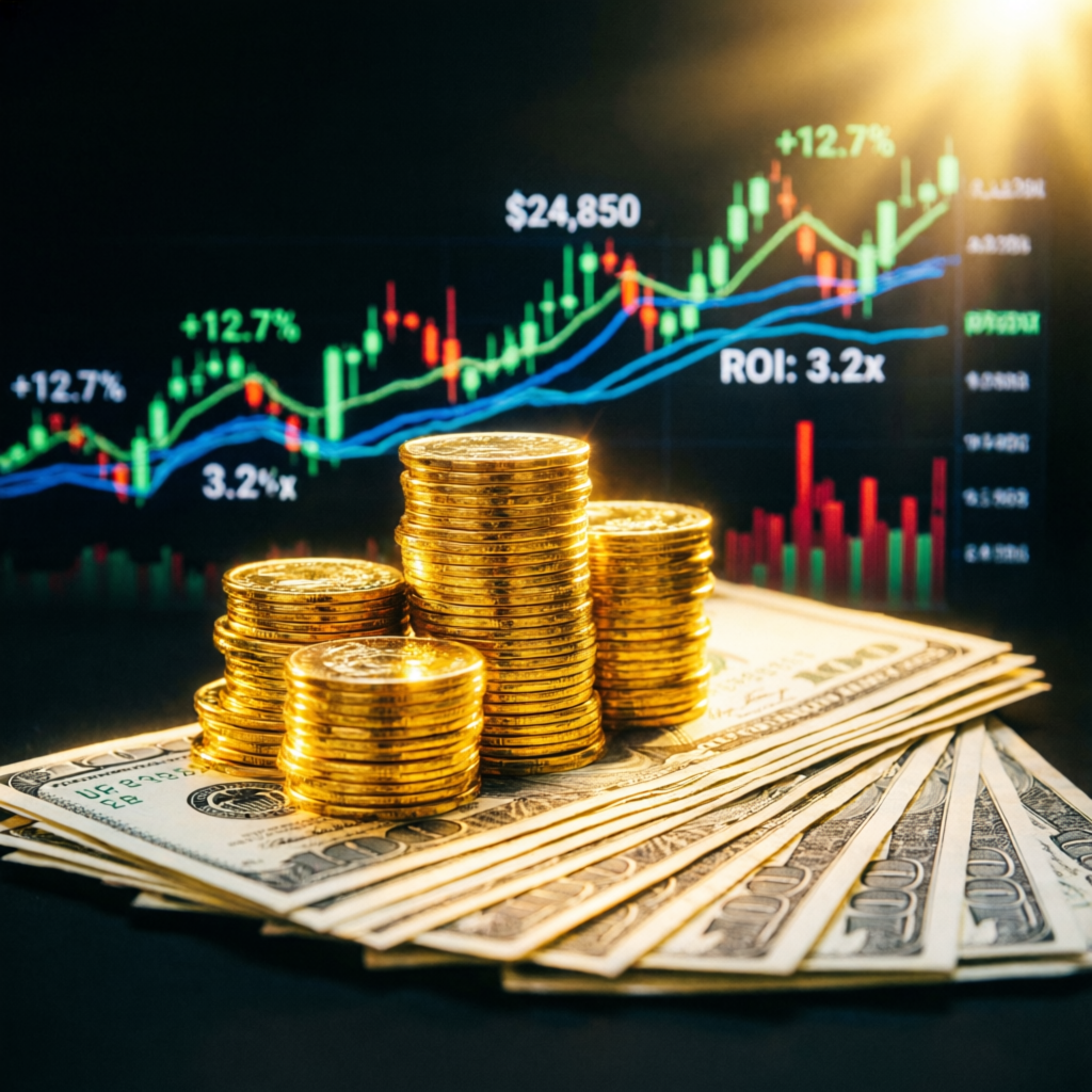 Stack of gold coins and dollar bills representing Apex Trader Funding profit payouts