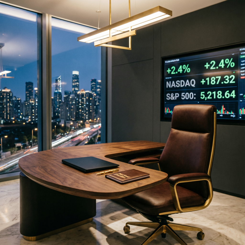 Luxury executive office with trading screens showing NASDAQ and S&P 500 profits