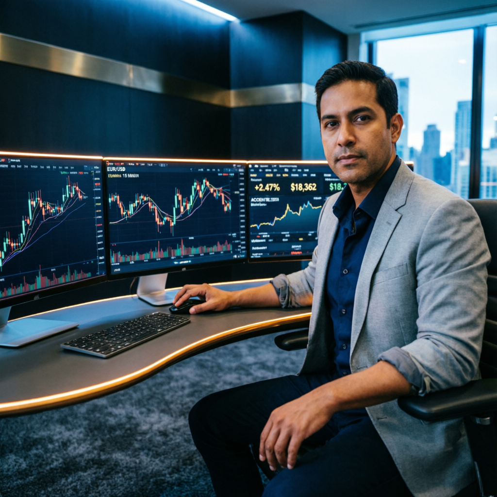 Professional futures trader at multi-monitor desk analyzing Apex Trader Funding charts