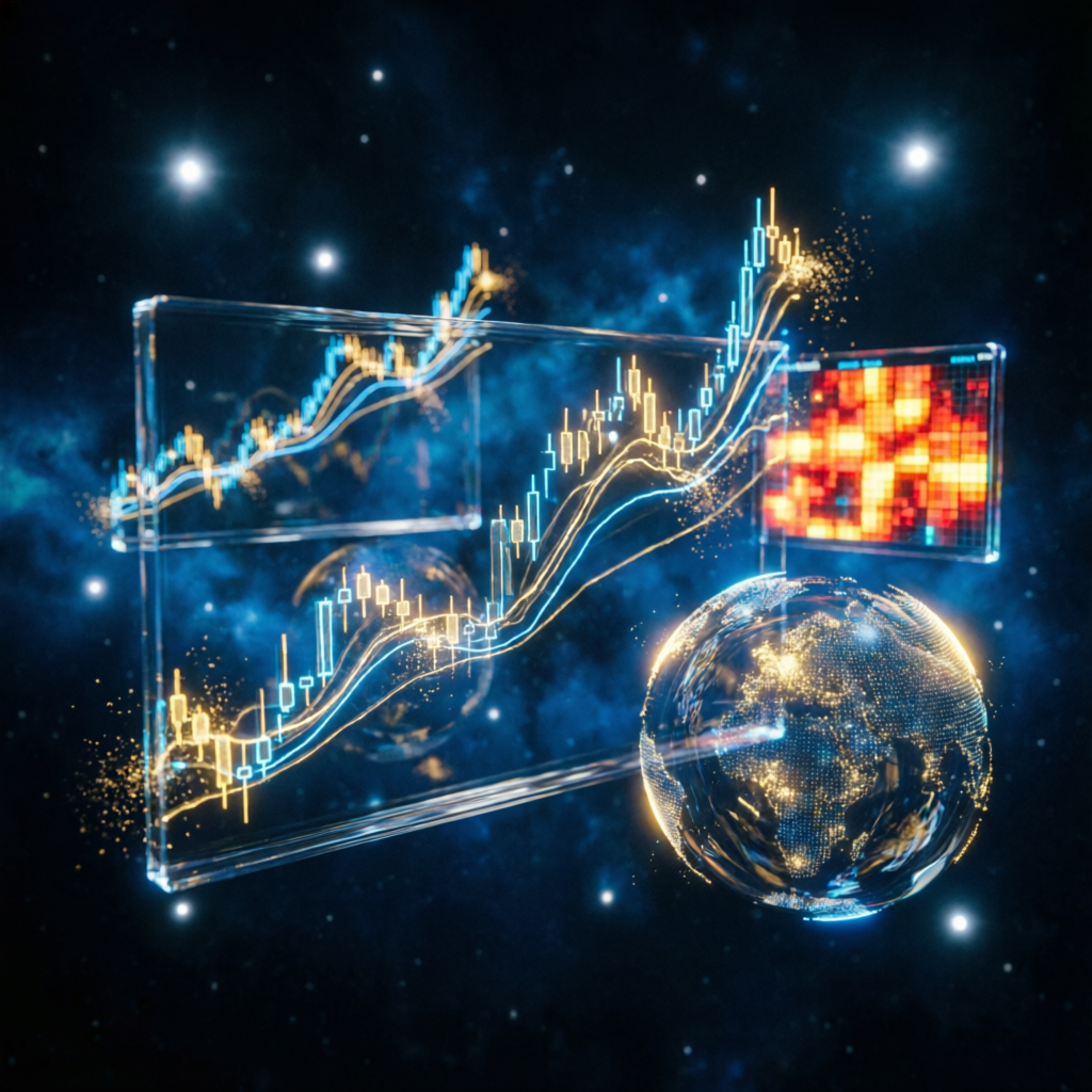 Futuristic holographic trading charts and global financial data visualization