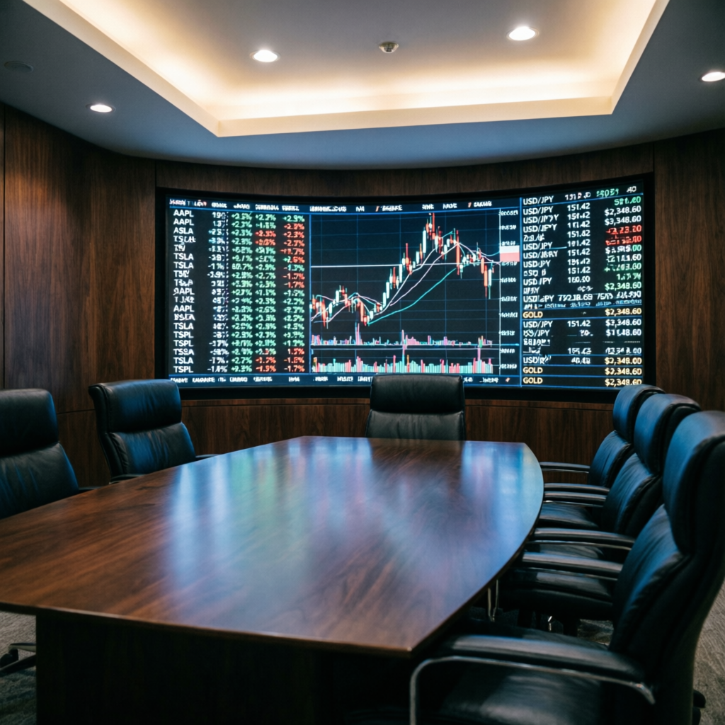 Premium corporate boardroom with large trading screens showing market data