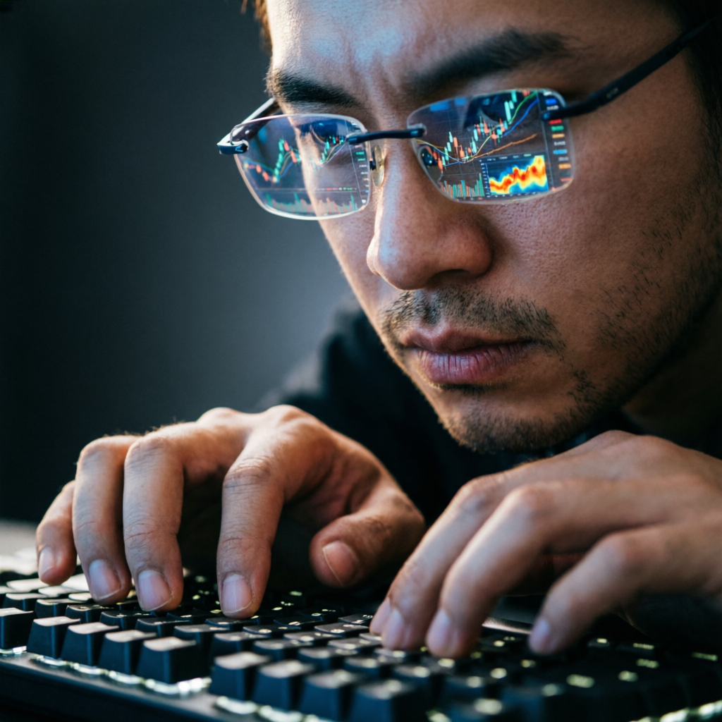 Trader with glasses reflecting trading charts while working on keyboard