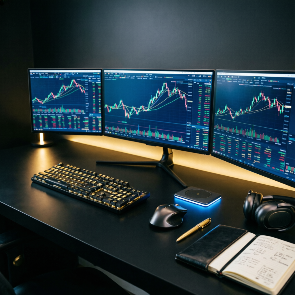 Professional trading workstation with multiple monitors showing successful prop firm challenges