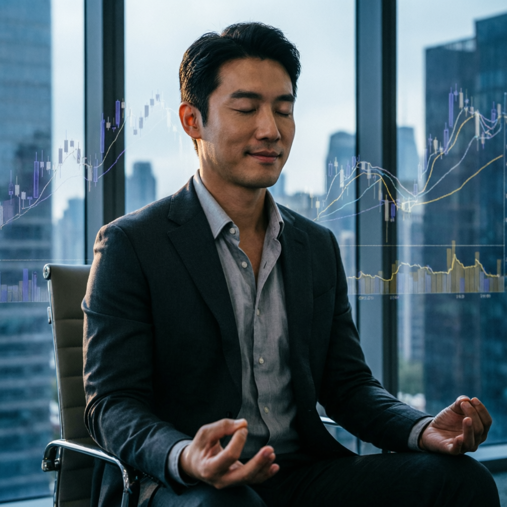 Professional trader meditating with financial charts showing trading psychology and mindset