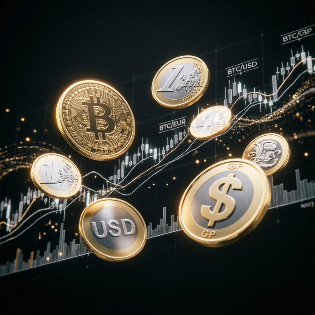 Cryptocurrency and forex coins with financial charts showing market diversity