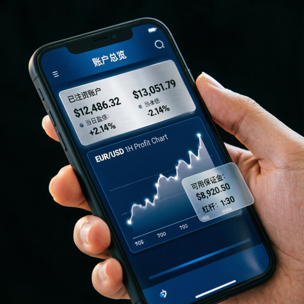 Mobile phone showing forex trading app with funded account dashboard