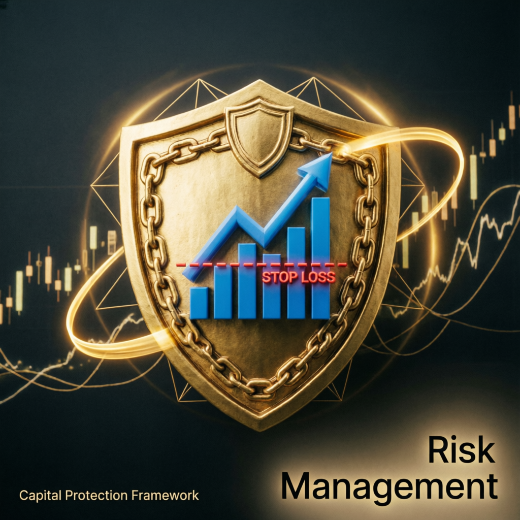 Risk management shield protecting trading capital with stop loss indicators