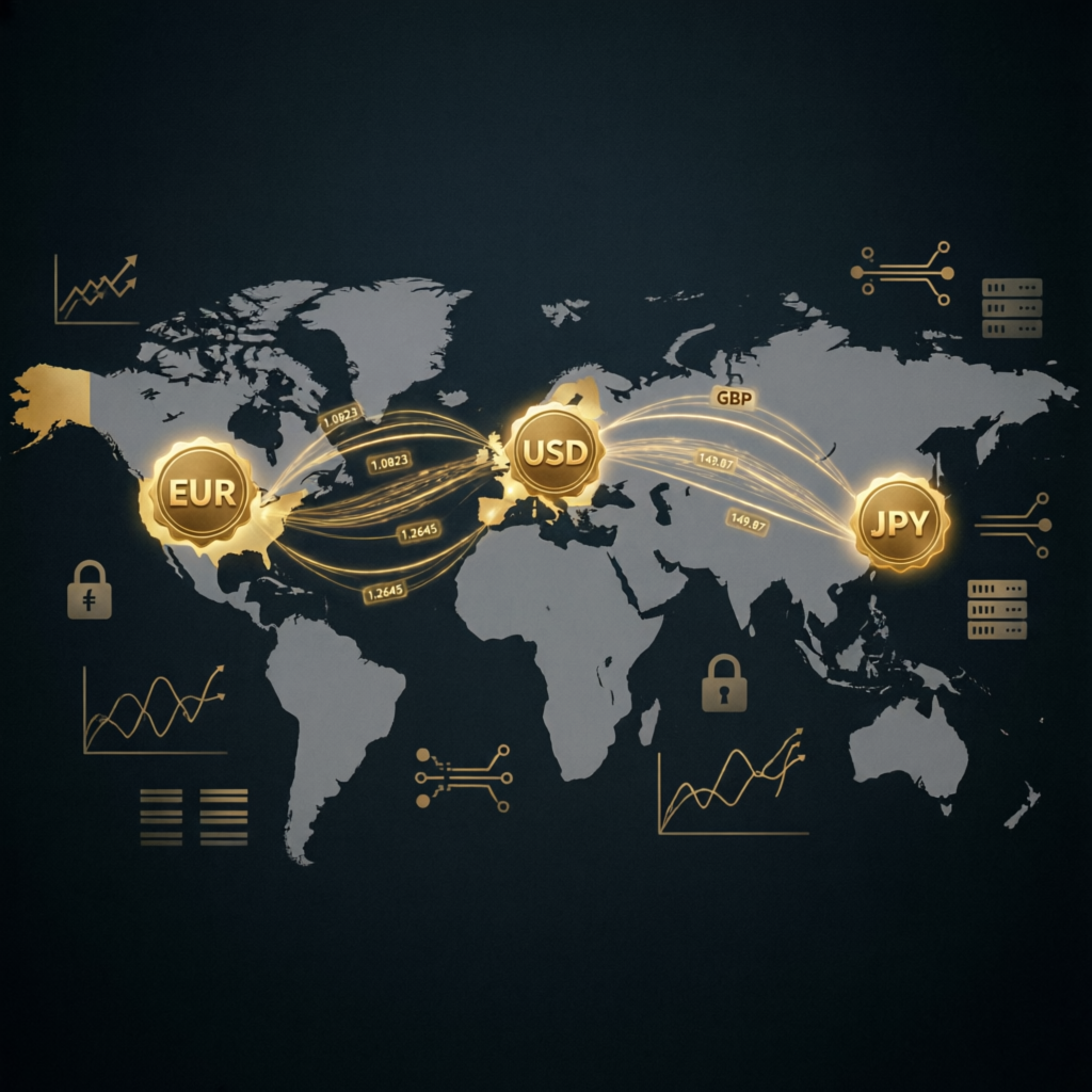 Global forex market map showing currency pairs and trading connections