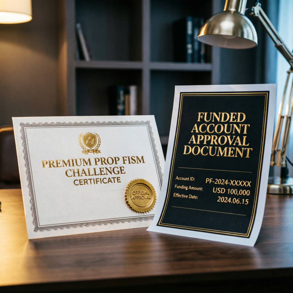 Premium prop firm challenge certificate and funded account approval document