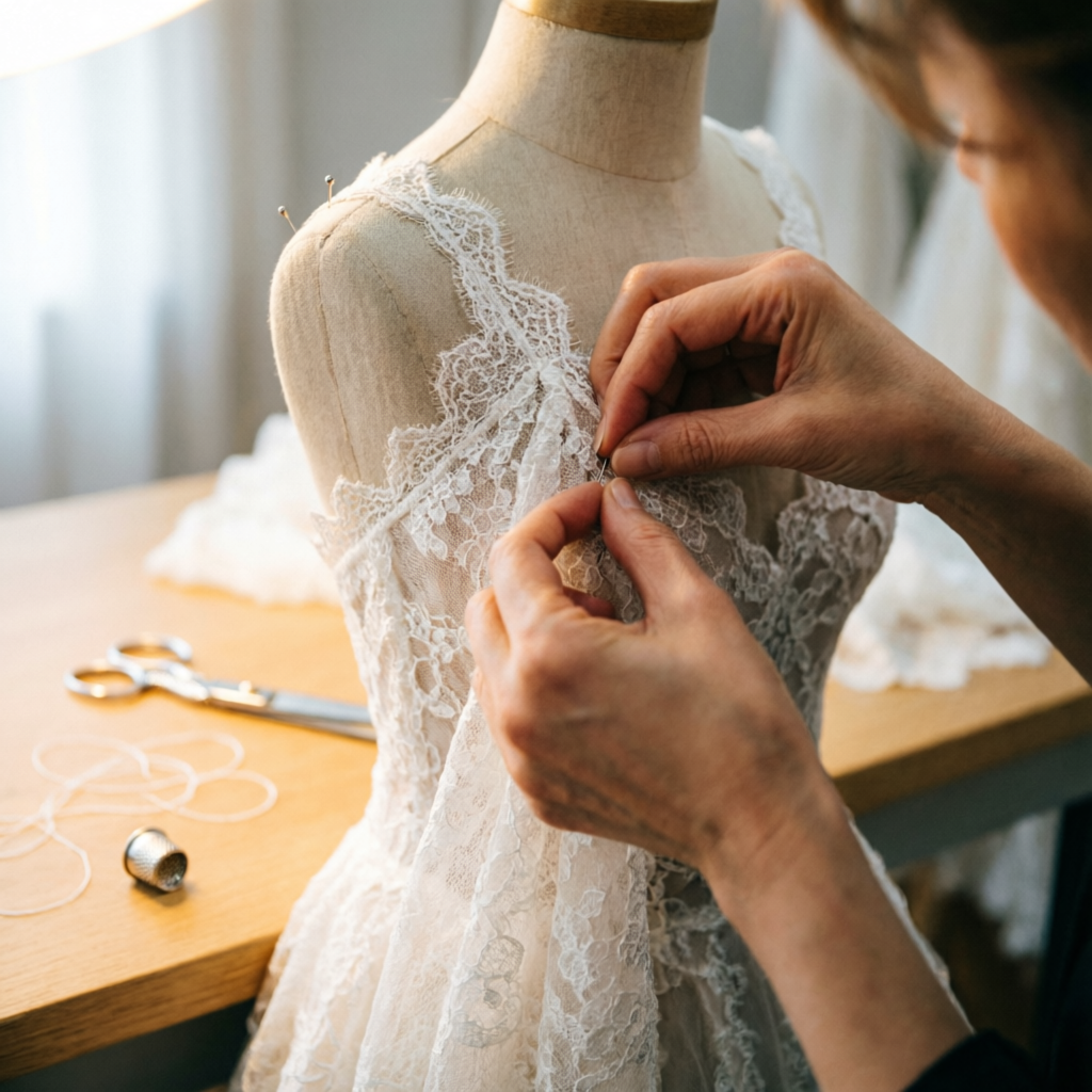Atelier de costura ajustando encaje de un vestido