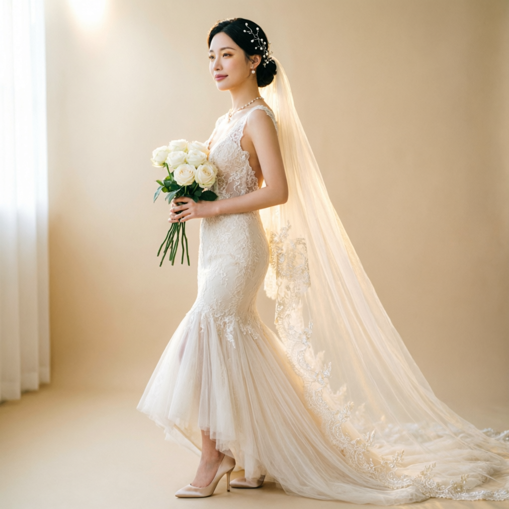 Novia con vestido de encaje y velo en Berny Novias