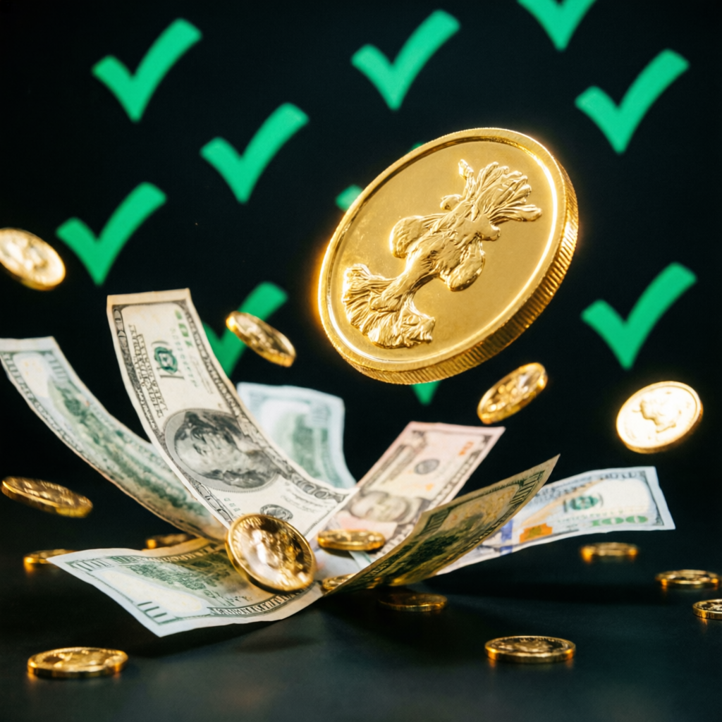 Funded trader receiving payout with golden coins and success checkmarks