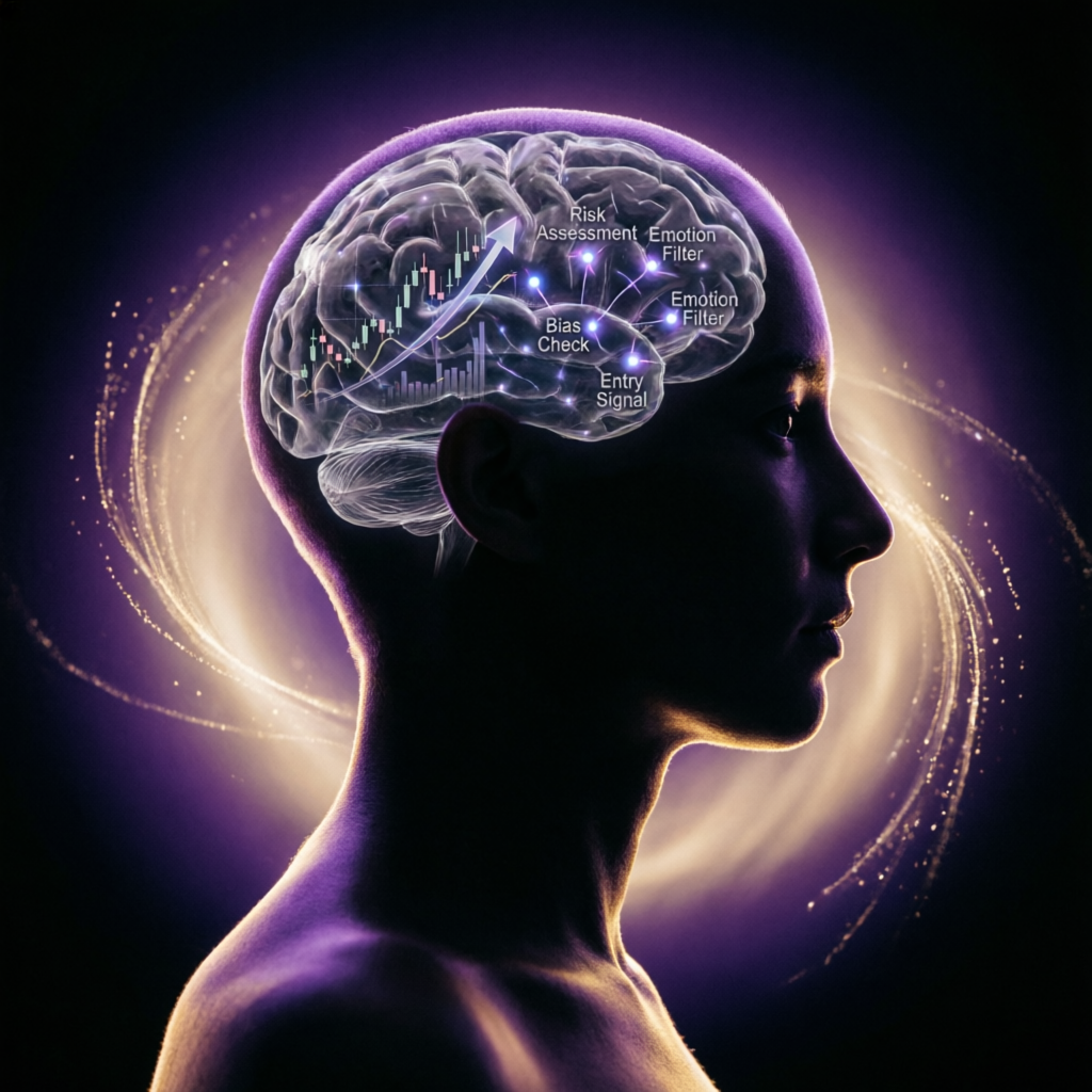Trading psychology concept showing brain with chart patterns and decision nodes