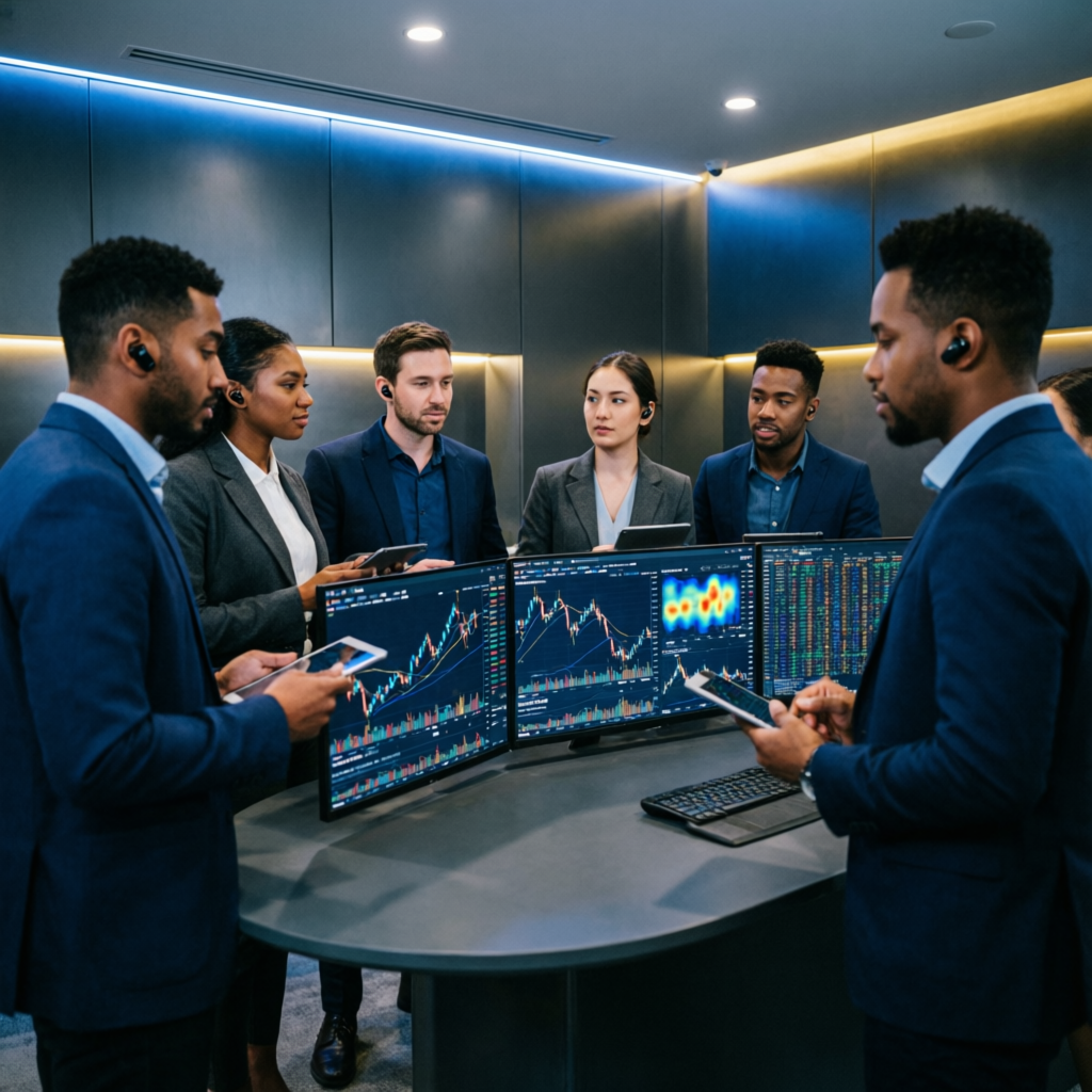 Professional trading team analyzing prop firm challenge results