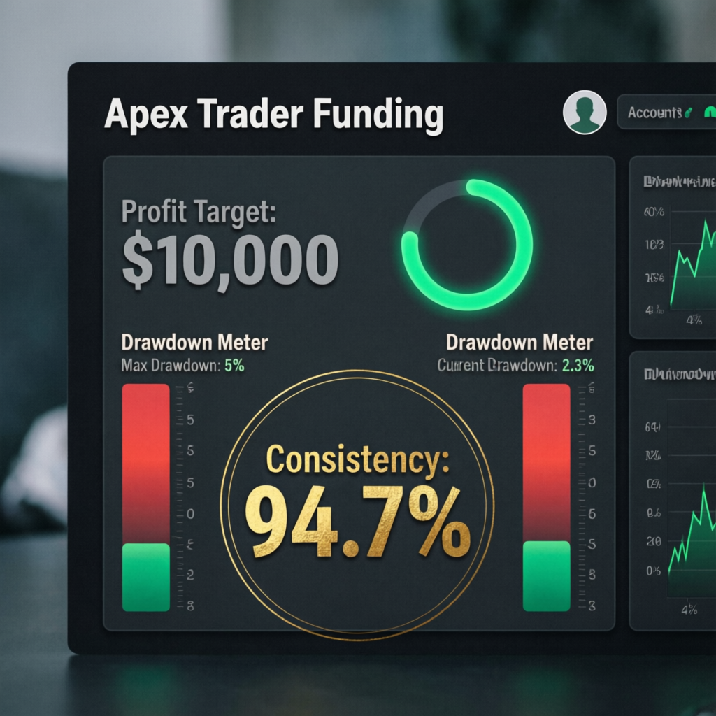 Apex Trader Funding dashboard showing profit target and consistency metrics