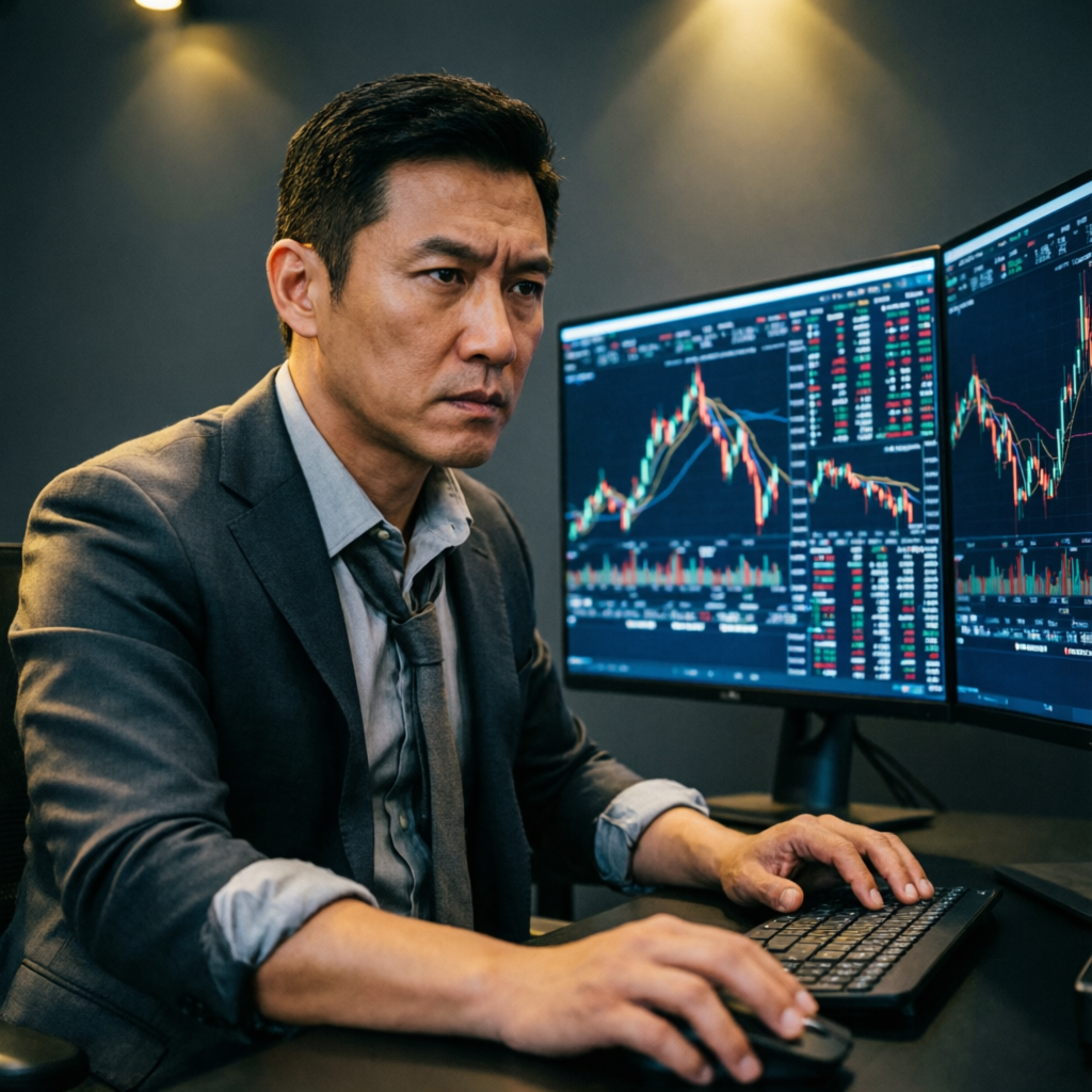 Professional forex trader analyzing charts at multi-monitor workstation