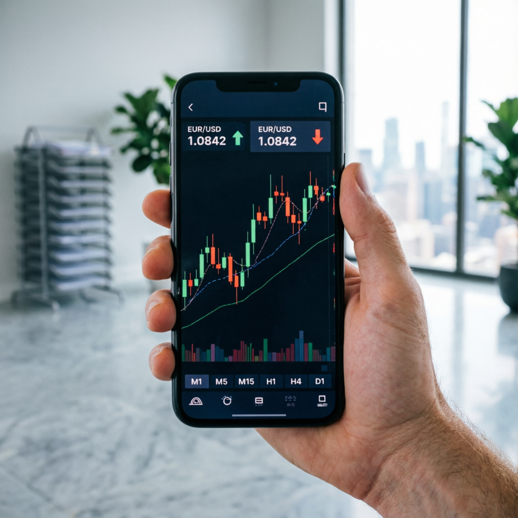 Mobile trading app showing live forex charts