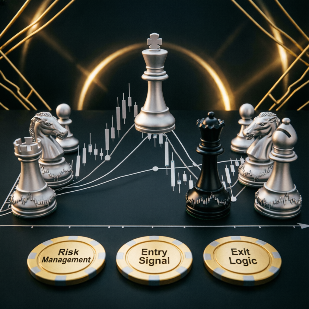 Trading strategy chess pieces representing risk management and entry logic