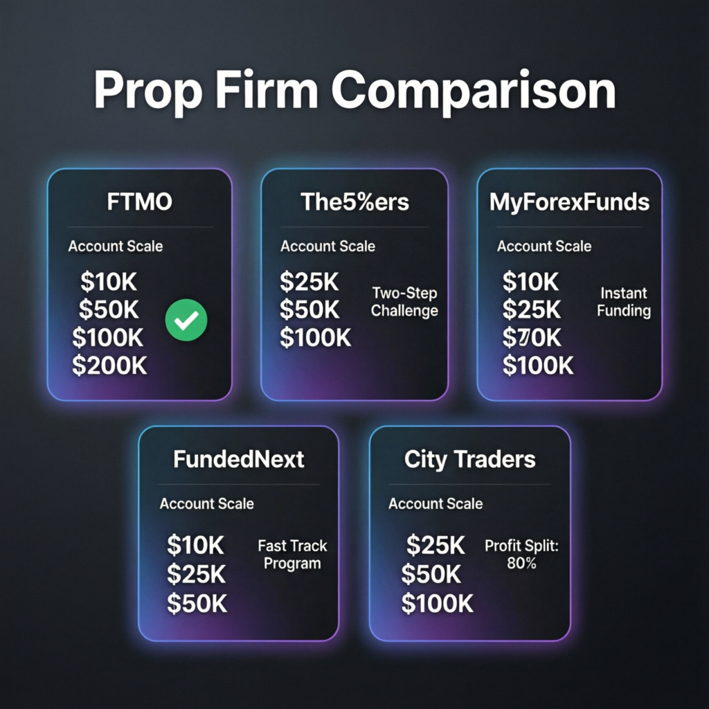 Prop firm comparison showing different account sizes and rules
