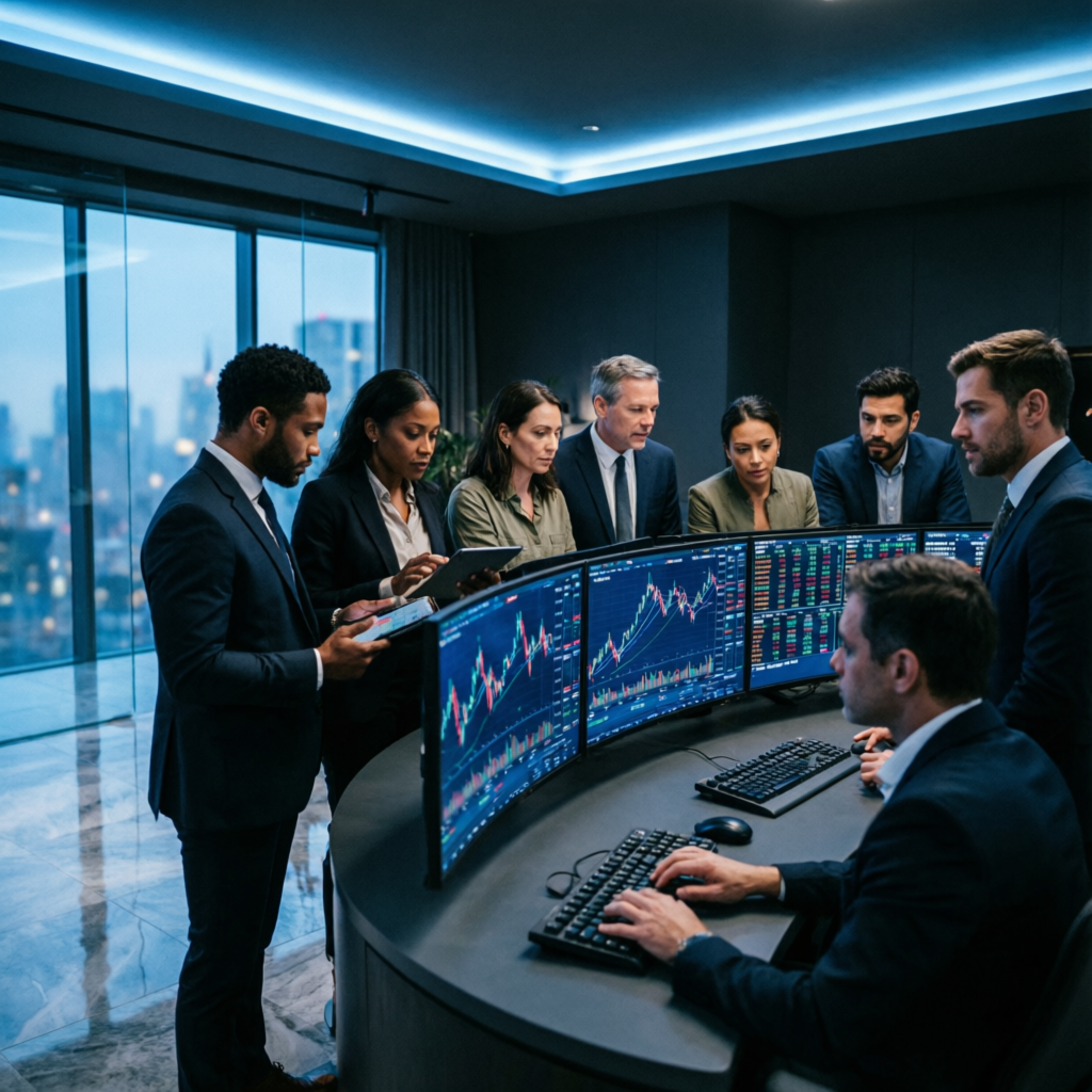 Expert trading team analyzing markets together