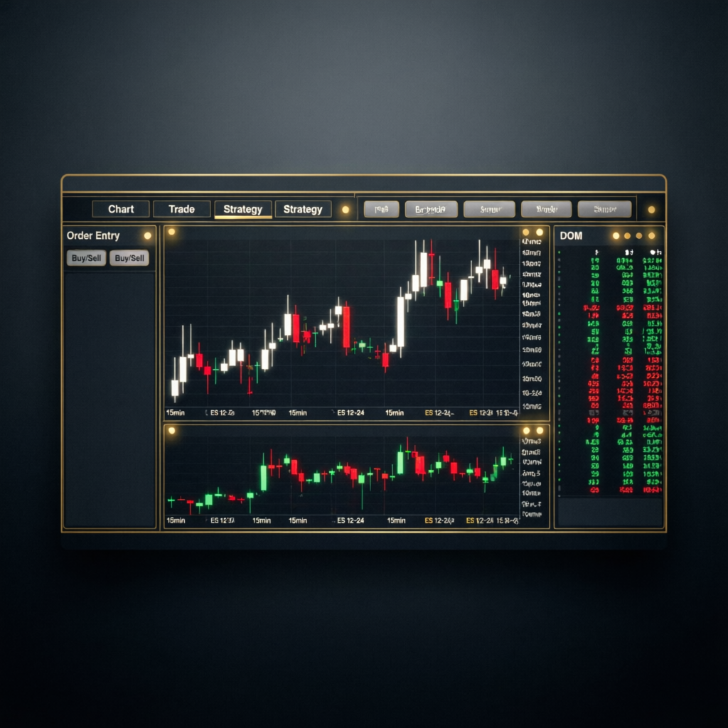 NinjaTrader trading platform interface with futures charts