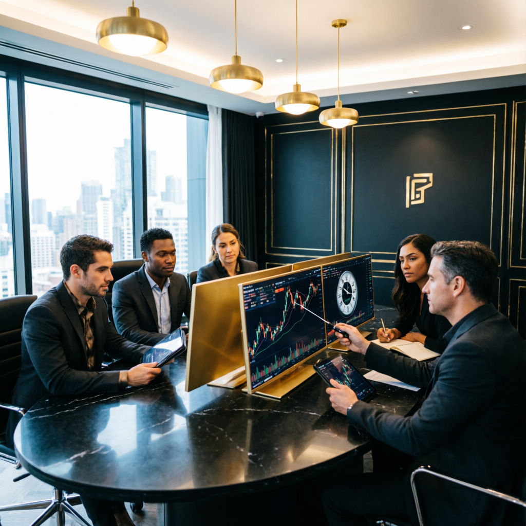 Professional trading team meeting in luxury office