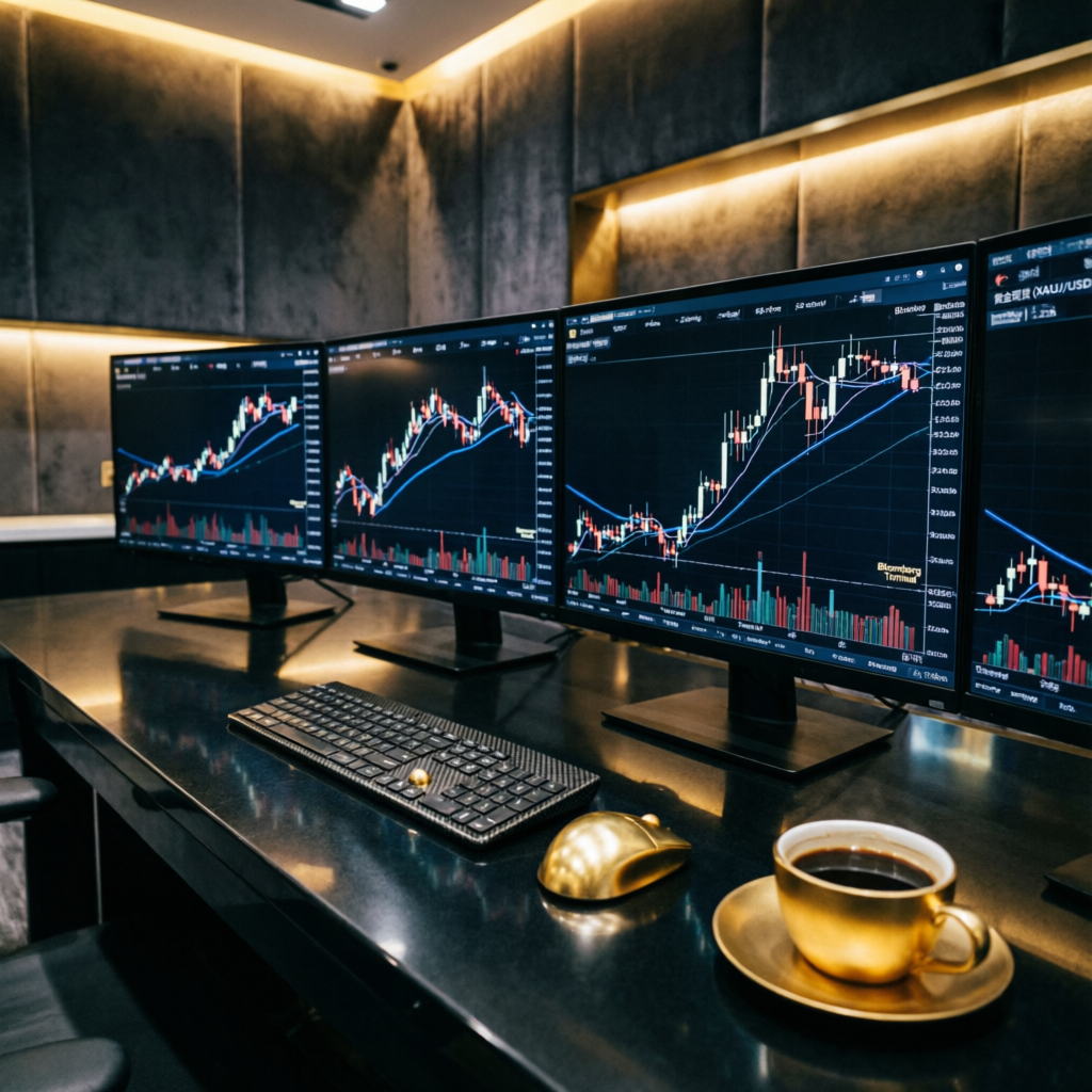 Professional forex trading desk with multiple monitors showing candlestick charts