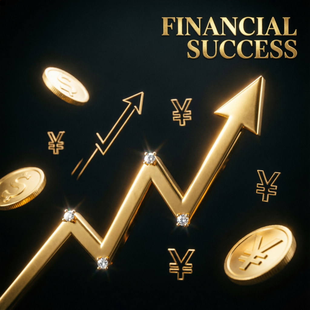 Financial success concept with gold rising arrow